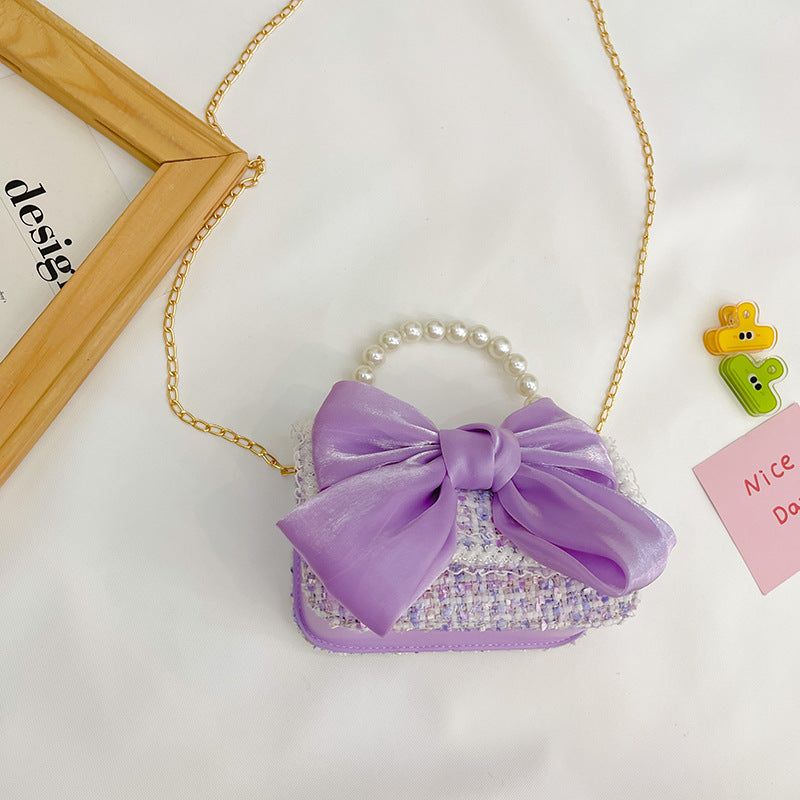 New Korean Fashion Woolen Cotton Linen Women’s Children’s Bow Pearl Handbag Handbag Women’s Bag - Large Purple