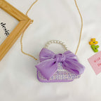 New Korean Fashion Woolen Cotton Linen Women’s Children’s Bow Pearl Handbag Handbag Women’s Bag - Large Purple