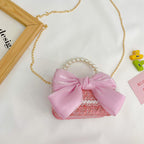 New Korean Fashion Woolen Cotton Linen Women’s Children’s Bow Pearl Handbag Handbag Women’s Bag - Large Red