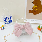 New Korean Fashion Woolen Cotton Linen Women’s Children’s Bow Pearl Handbag Handbag Women’s Bag - Large White