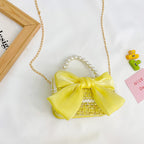 New Korean Fashion Woolen Cotton Linen Women’s Children’s Bow Pearl Handbag Handbag Women’s Bag - Large Yellow