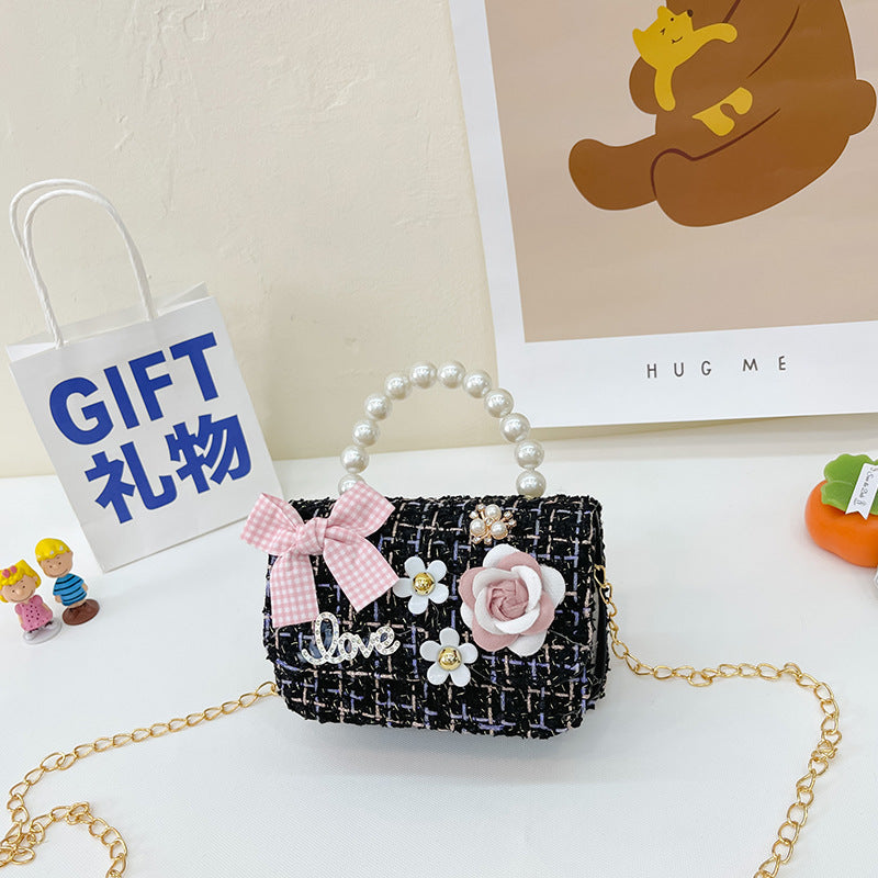 New Korean Fashion Woolen Cotton Linen Women’s Children’s Bow Pearl Handbag Handbag Women’s Bag - Small Black