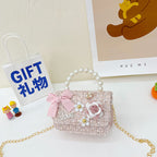 New Korean Fashion Woolen Cotton Linen Women’s Children’s Bow Pearl Handbag Handbag Women’s Bag - Small Pink