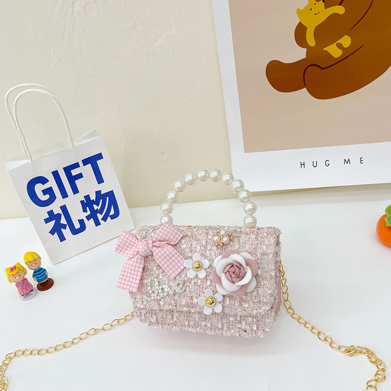 New Korean Fashion Woolen Cotton Linen Women’s Children’s Bow Pearl Handbag Handbag Women’s Bag - Small Pink