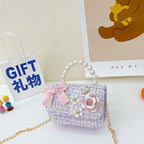 New Korean Fashion Woolen Cotton Linen Women’s Children’s Bow Pearl Handbag Handbag Women’s Bag - Small Purple