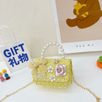 New Korean Fashion Woolen Cotton Linen Women’s Children’s Bow Pearl Handbag Handbag Women’s Bag - Small Yellow