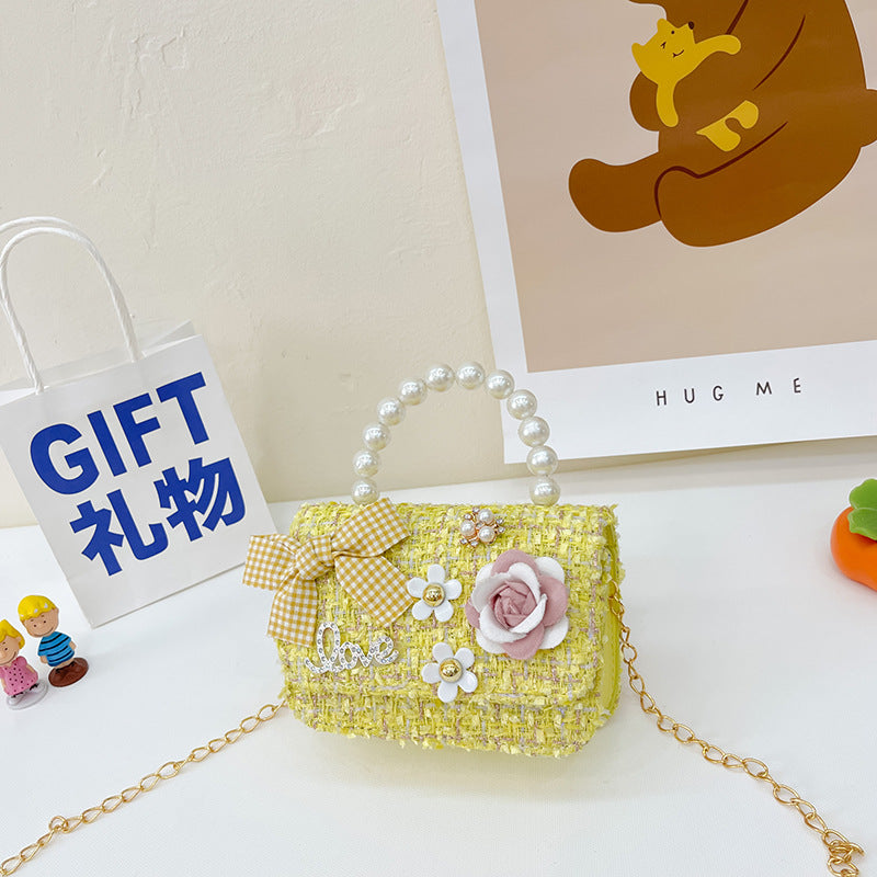 New Korean Fashion Woolen Cotton Linen Women’s Children’s Bow Pearl Handbag Handbag Women’s Bag - Small Yellow