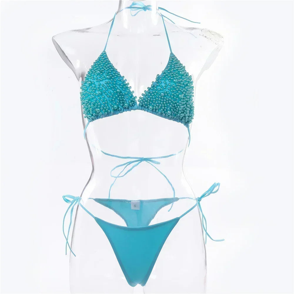 Pearl Bikini String Thong Swimsuit Kawaii Y2K Swimwear Trend Women Two Piece Bathing Suit Beachwear Bikinis Set