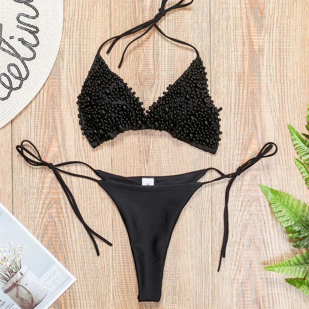 Pearl Bikini String Thong Swimsuit Kawaii Y2K Swimwear Trend Women Two Piece Bathing Suit Beachwear Bikinis Set