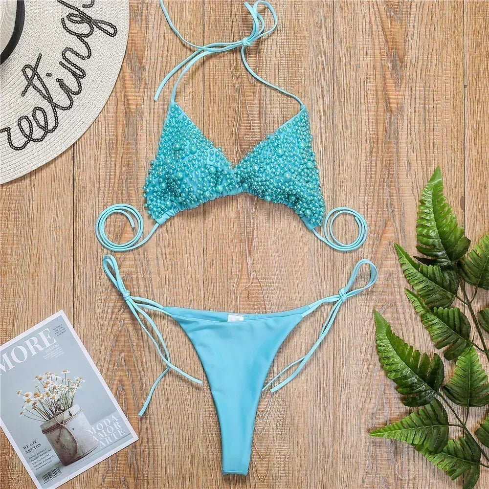 Pearl Bikini String Thong Swimsuit Kawaii Y2K Swimwear Trend Women Two Piece Bathing Suit Beachwear Bikinis Set