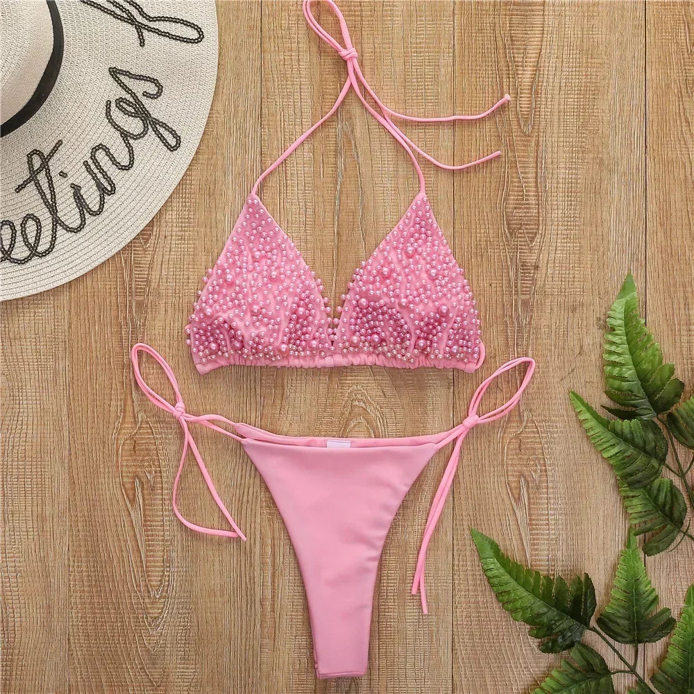 Pearl Bikini String Thong Swimsuit Kawaii Y2K Swimwear Trend Women Two Piece Bathing Suit Beachwear Bikinis Set
