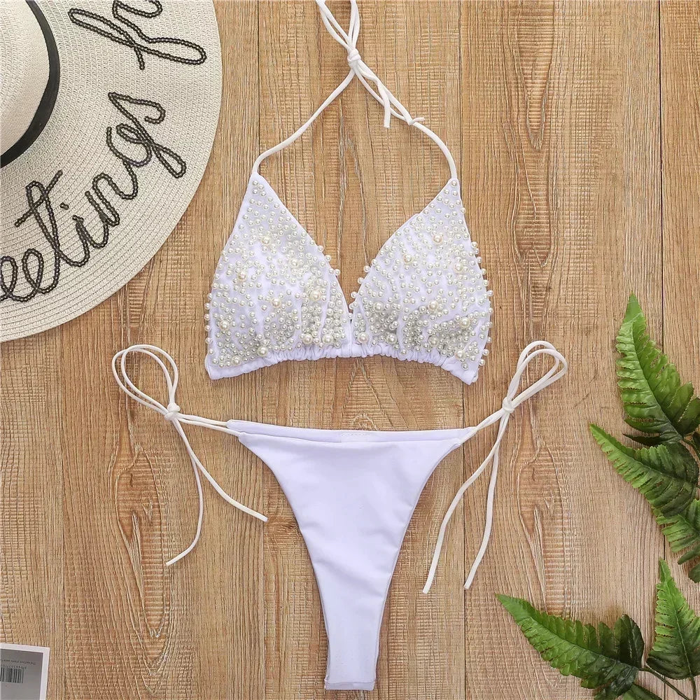 Pearl Bikini String Thong Swimsuit Kawaii Y2K Swimwear Trend Women Two Piece Bathing Suit Beachwear Bikinis Set