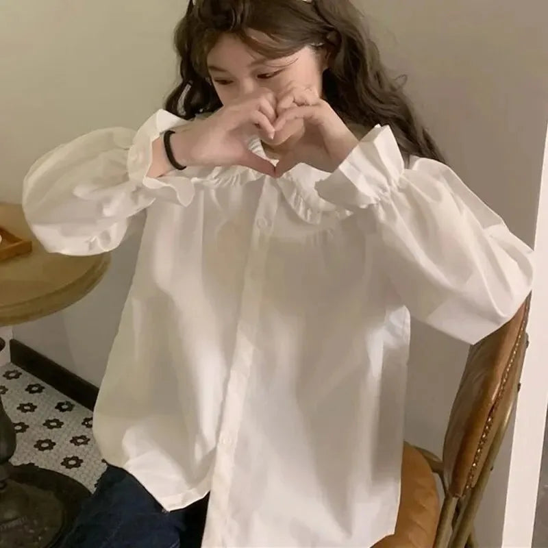 Vintage Women White Shirt Preppy Style Fashion Elegant Female Long Sleeve Blouse Y2K Sweet Kawaii All Match Shirts