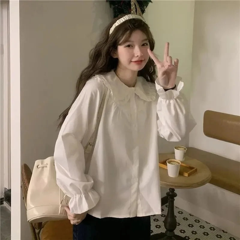 Vintage Women White Shirt Preppy Style Fashion Elegant Female Long Sleeve Blouse Y2K Sweet Kawaii All Match Shirts