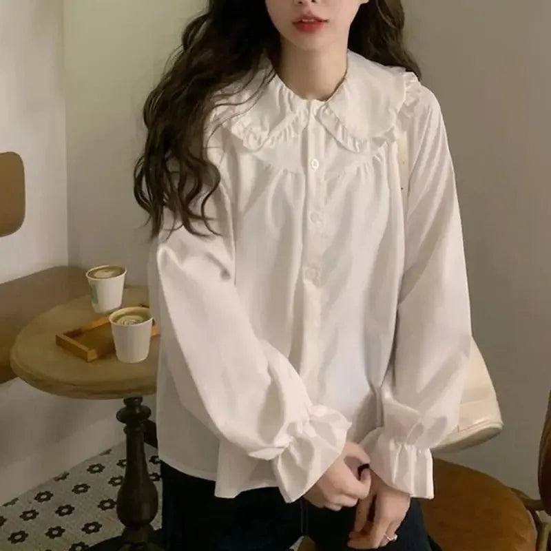 Vintage Women White Shirt Preppy Style Fashion Elegant Female Long Sleeve Blouse Y2K Sweet Kawaii All Match Shirts