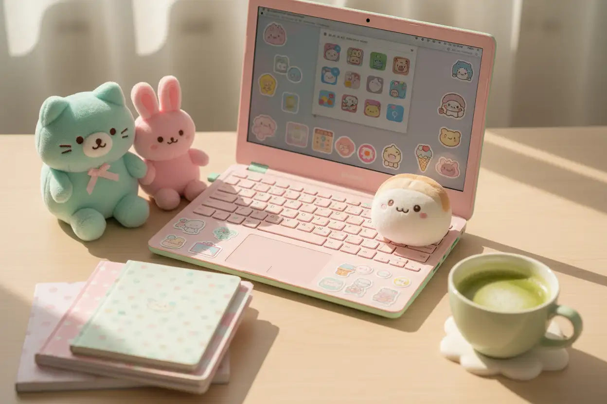 Pink laptop adorned with cute sticker decals and a soft, plush bunny resting on its keyboard.