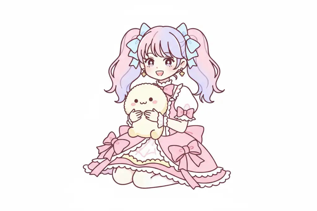 A pink and white lace-trimmed dress with large bows, worn by a cartoon girl.