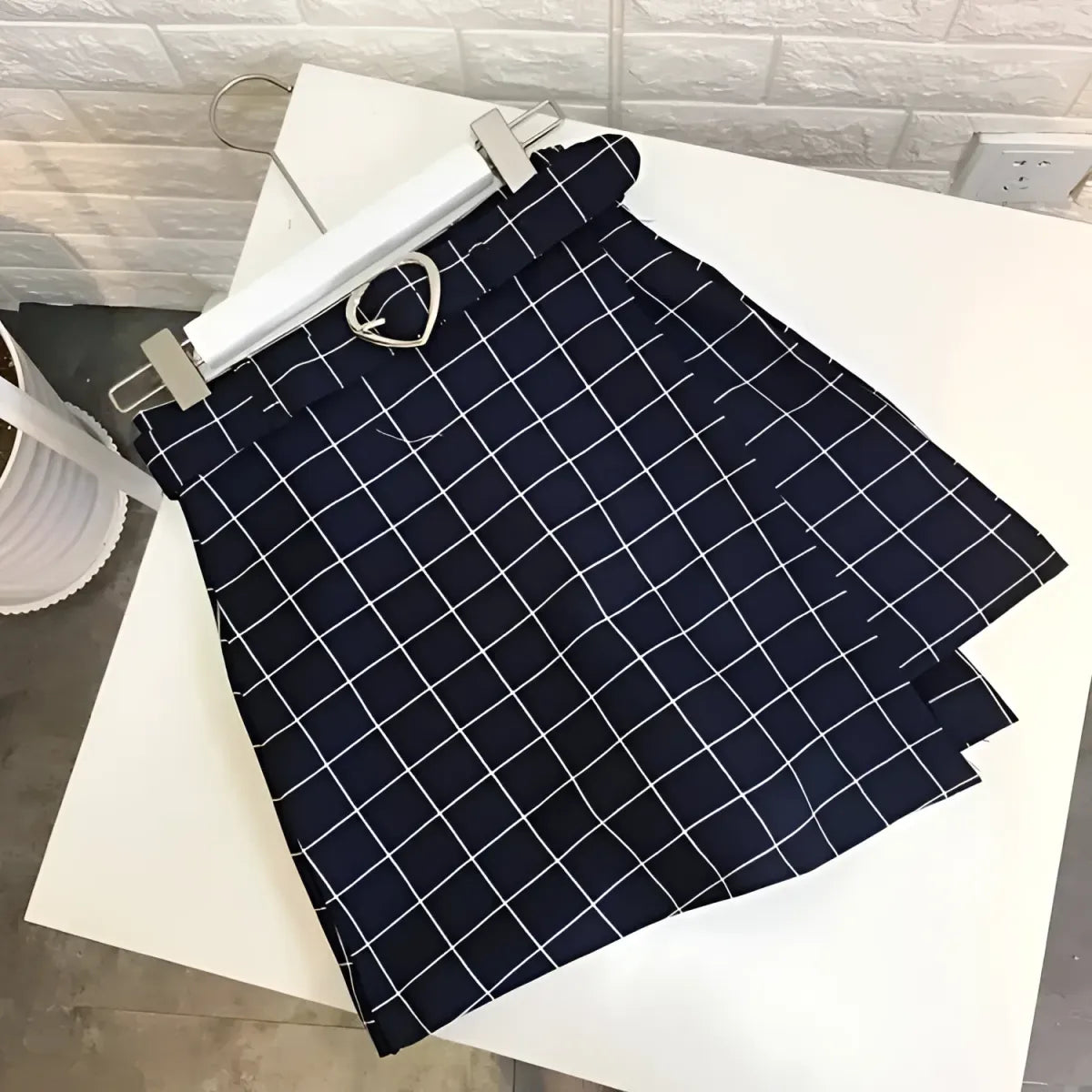 High Waist Plaid A-Line Mini Skirt with Heart Buckle