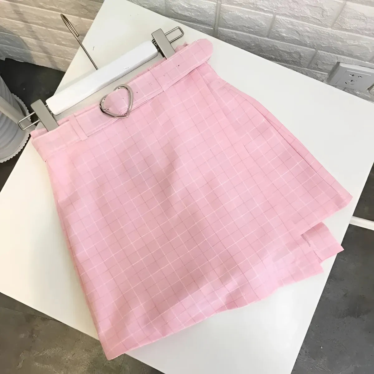 High Waist Plaid A-Line Mini Skirt with Heart Buckle