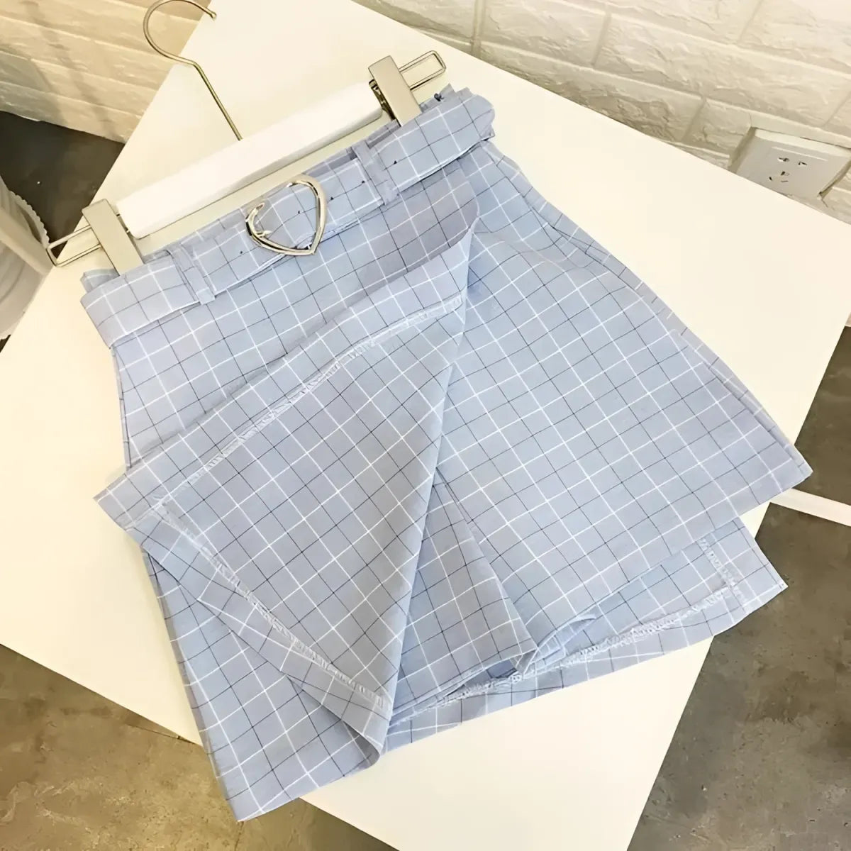 High Waist Plaid A-Line Mini Skirt with Heart Buckle