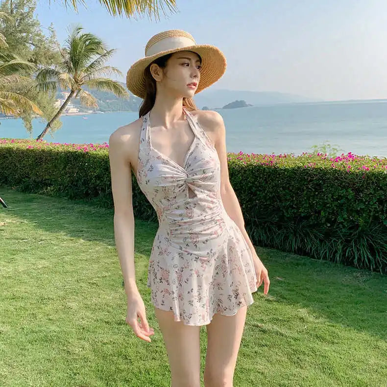 Women Hanging Neck Sweet Cute Swimwear Sexy One-piec Beach Wear Swim Suit Beach Dress Swimsuit High Waist Bathing Suit