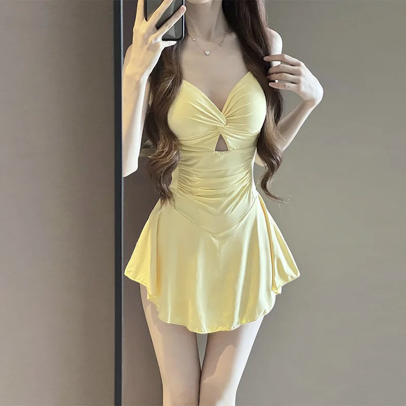 Women Hanging Neck Sweet Cute Swimwear Sexy One-piec Beach Wear Swim Suit Beach Dress Swimsuit High Waist Bathing Suit
