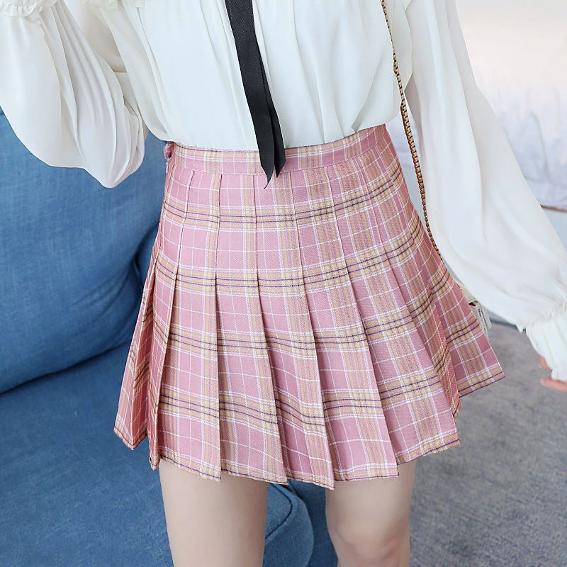Pastel Plaid Pleated Mini Skirt - kawaii-inspired outfit in pastel colors - 29619706