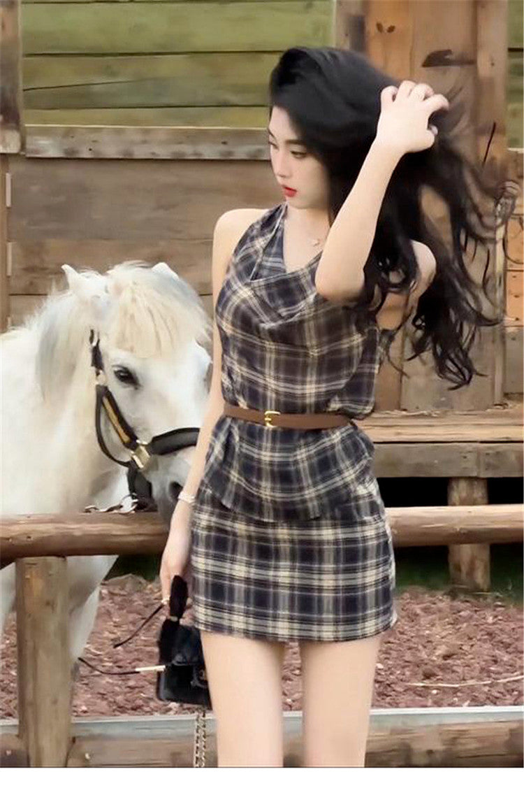 Khaki British-Style Plaid Shoulder Set - kawaii-inspired outfit in pastel colors - 54484659