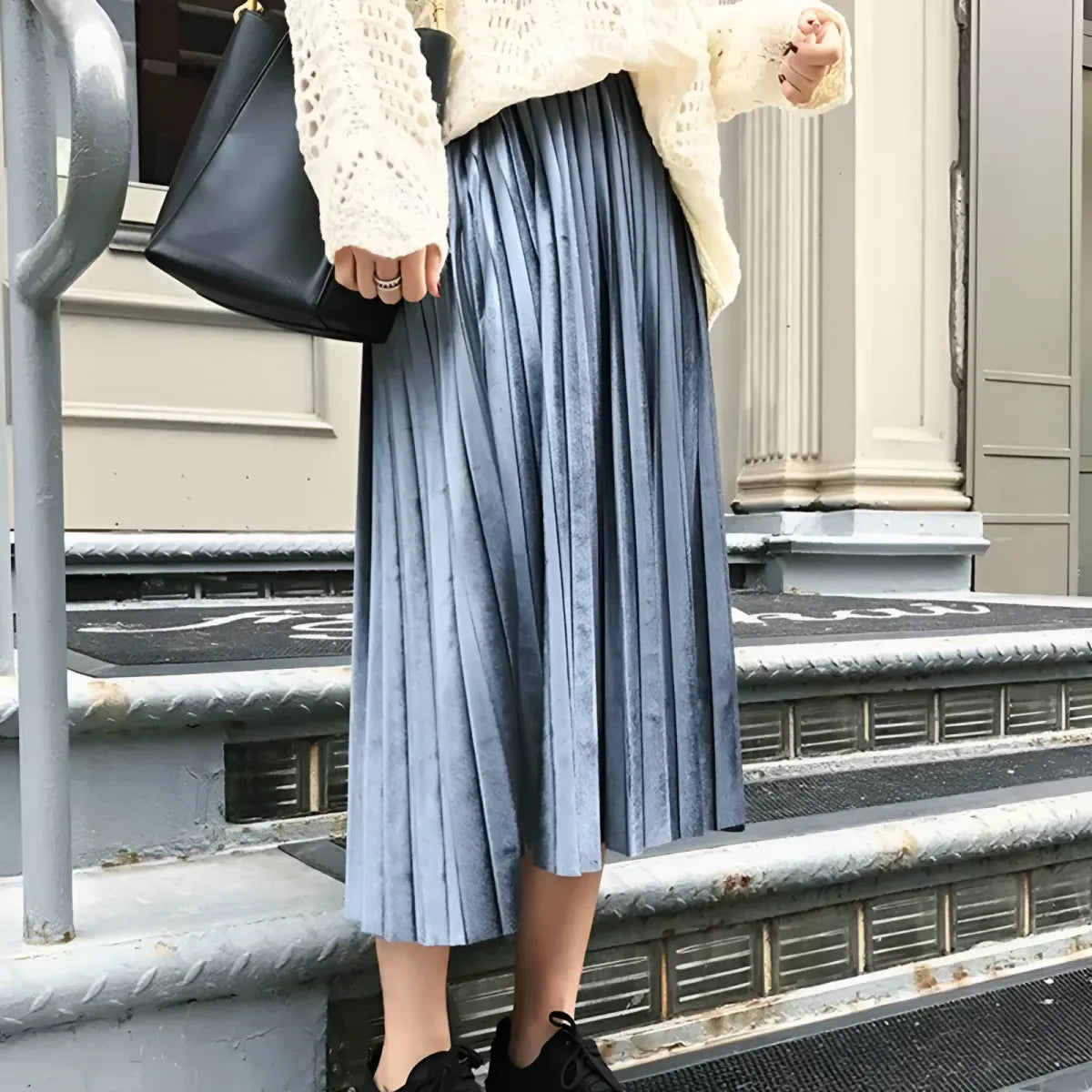 Pleated Velvet Skirt with Elastic Waist