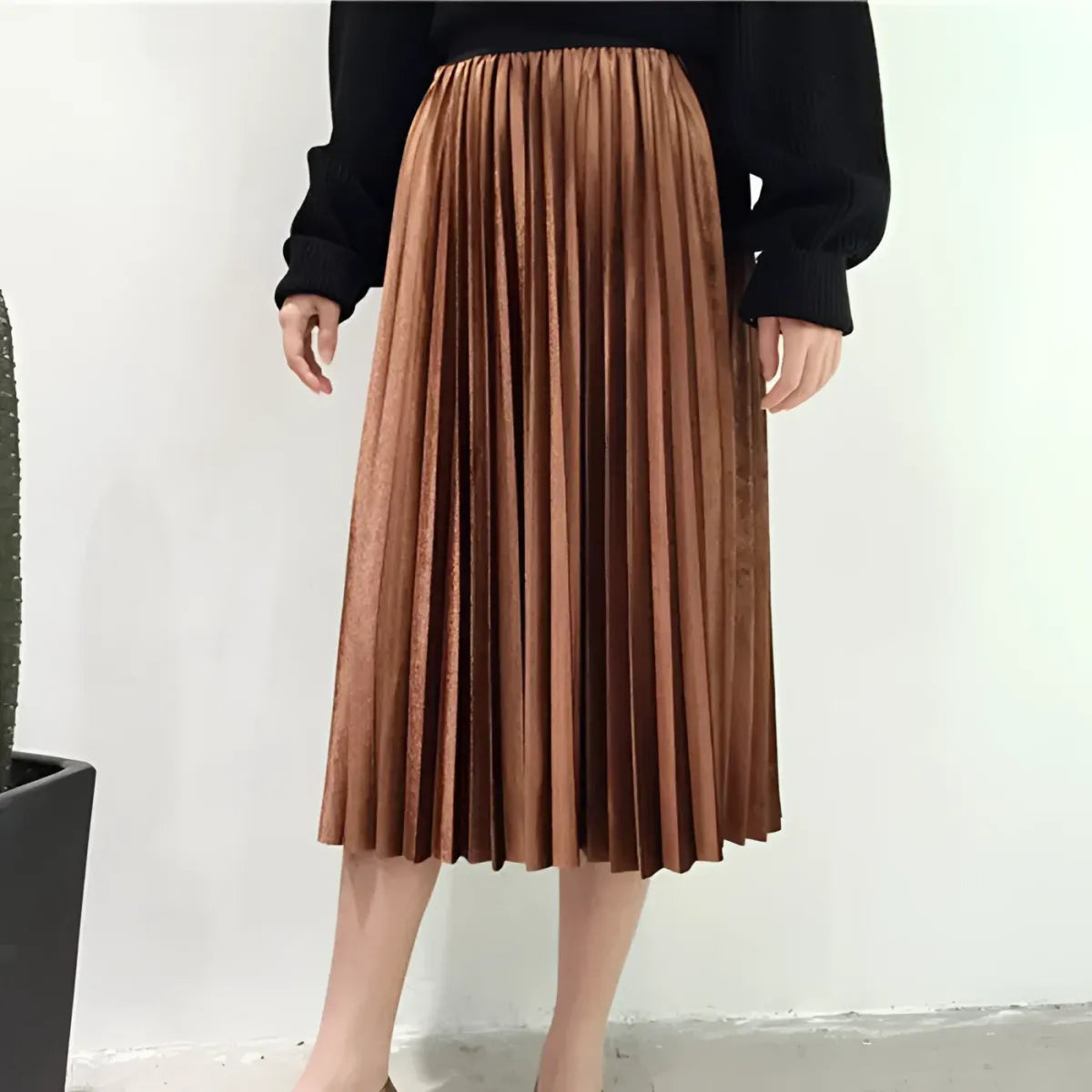 Pleated Velvet Skirt with Elastic Waist