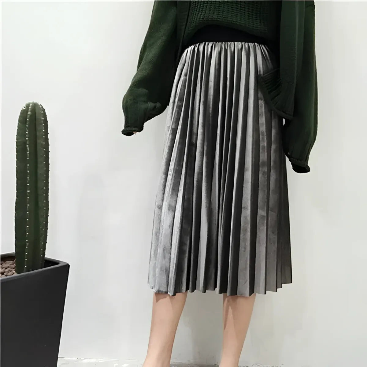 Pleated Velvet Skirt with Elastic Waist