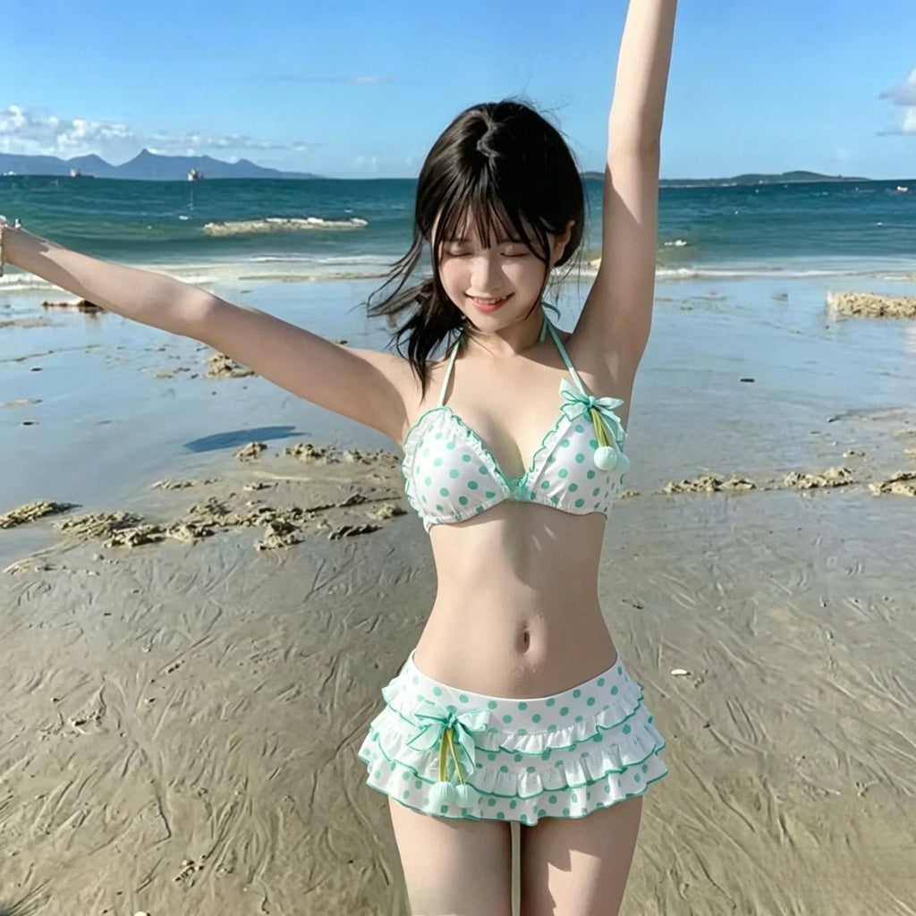 Japanese Polka Dot Bikini Set Tiered Skirt Ruffle Bow Kawaii Y2K Cute Swimwear Vintage Swimsuit Beach Holiday Wear