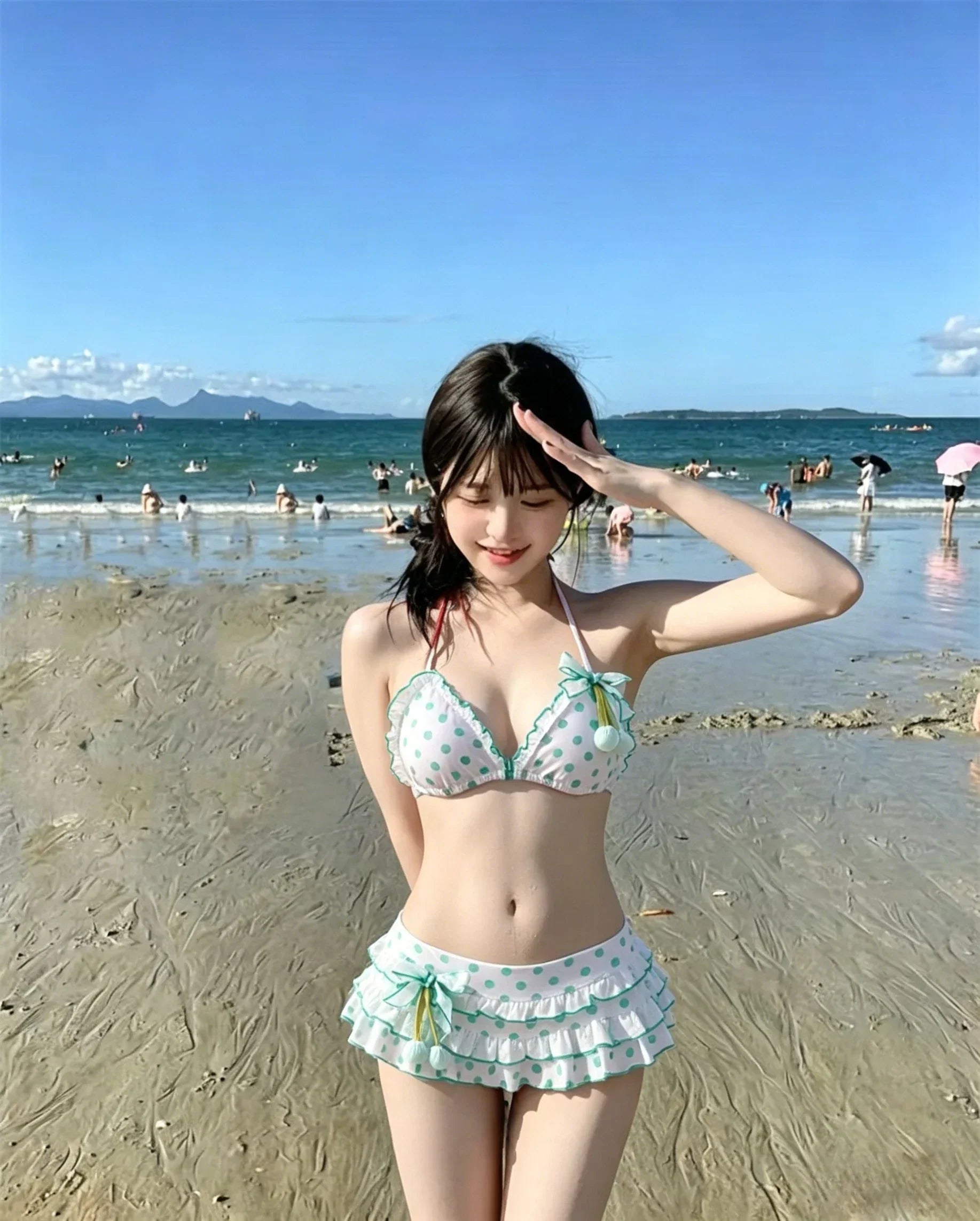 Japanese Polka Dot Bikini Set Tiered Skirt Ruffle Bow Kawaii Y2K Cute Swimwear Vintage Swimsuit Beach Holiday Wear