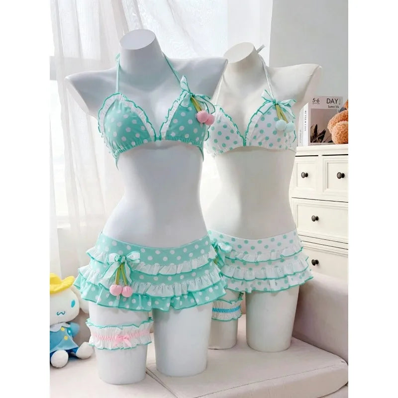Japanese Polka Dot Bikini Set Tiered Skirt Ruffle Bow Kawaii Y2K Cute Swimwear Vintage Swimsuit Beach Holiday Wear