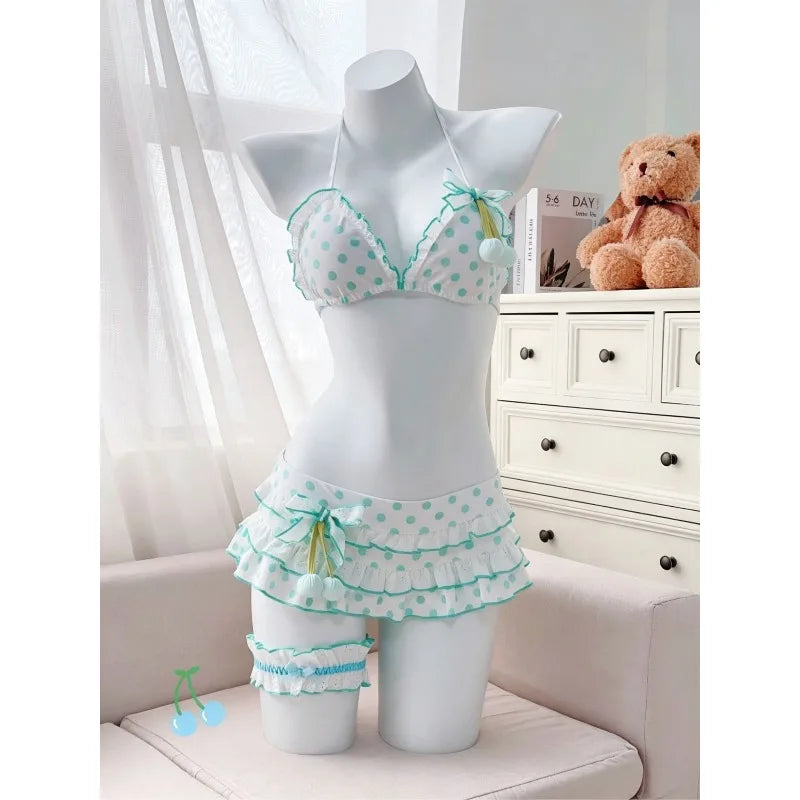 Japanese Polka Dot Bikini Set Tiered Skirt Ruffle Bow Kawaii Y2K Cute Swimwear Vintage Swimsuit Beach Holiday Wear