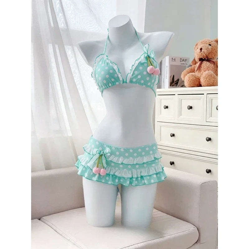 Japanese Polka Dot Bikini Set Tiered Skirt Ruffle Bow Kawaii Y2K Cute Swimwear Vintage Swimsuit Beach Holiday Wear