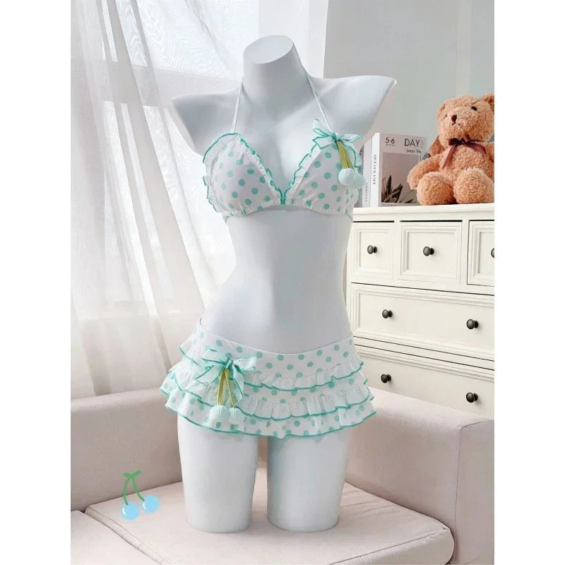 Japanese Polka Dot Bikini Set Tiered Skirt Ruffle Bow Kawaii Y2K Cute Swimwear Vintage Swimsuit Beach Holiday Wear