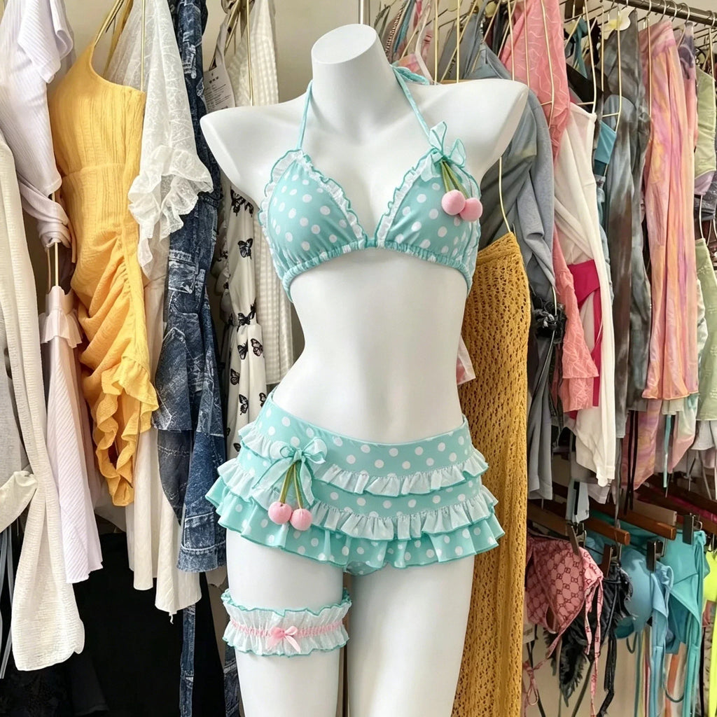 Summer Polka Dot Bikini Set Women Top Tiered Skirt Ruffle Bow Kawaii Y2K Cute Japanese Swimwear Swimsuit Beach Holiday