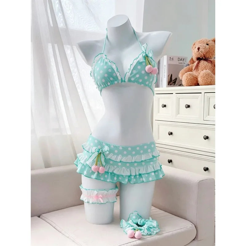Summer Polka Dot Bikini Set Women Top Tiered Skirt Ruffle Bow Kawaii Y2K Cute Japanese Swimwear Swimsuit Beach Holiday