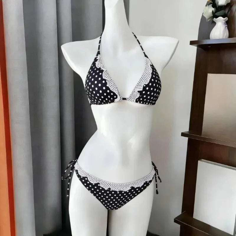 Summer Polka Dot Bikini Set Women Top Tiered Skirt Ruffle Bow Kawaii Y2K Cute Japanese Swimwear Swimsuit Beach Holiday
