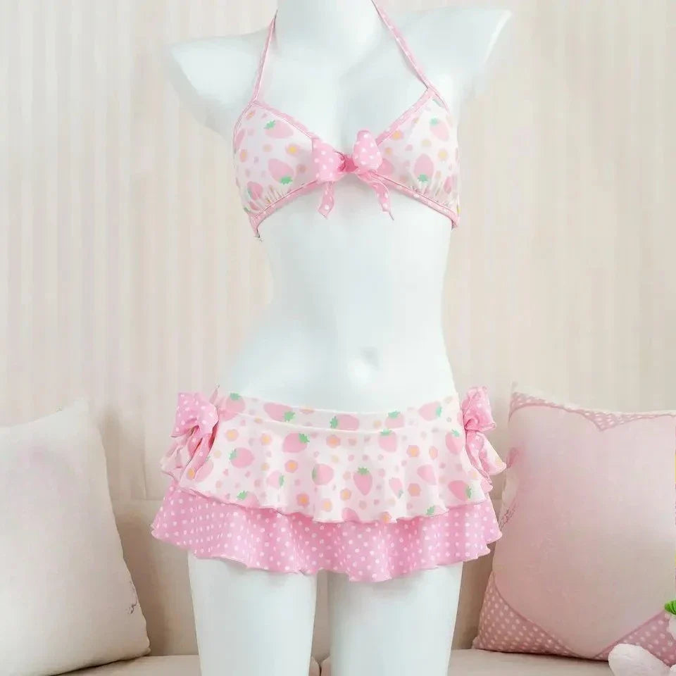 Summer Polka Dot Bikini Set Women Top Tiered Skirt Ruffle Bow Kawaii Y2K Cute Japanese Swimwear Swimsuit Beach Holiday