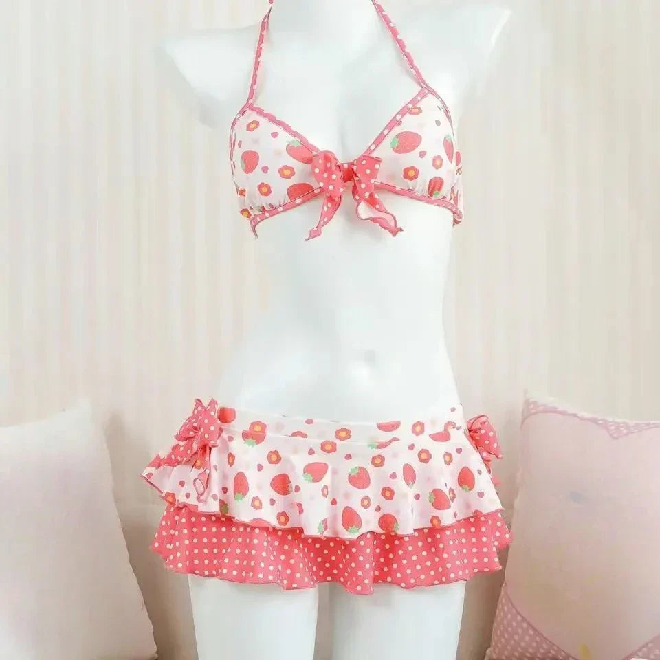 Summer Polka Dot Bikini Set Women Top Tiered Skirt Ruffle Bow Kawaii Y2K Cute Japanese Swimwear Swimsuit Beach Holiday