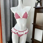 Summer Polka Dot Bikini Set Women Top Tiered Skirt Ruffle Bow Kawaii Y2K Cute Japanese Swimwear Swimsuit Beach Holiday