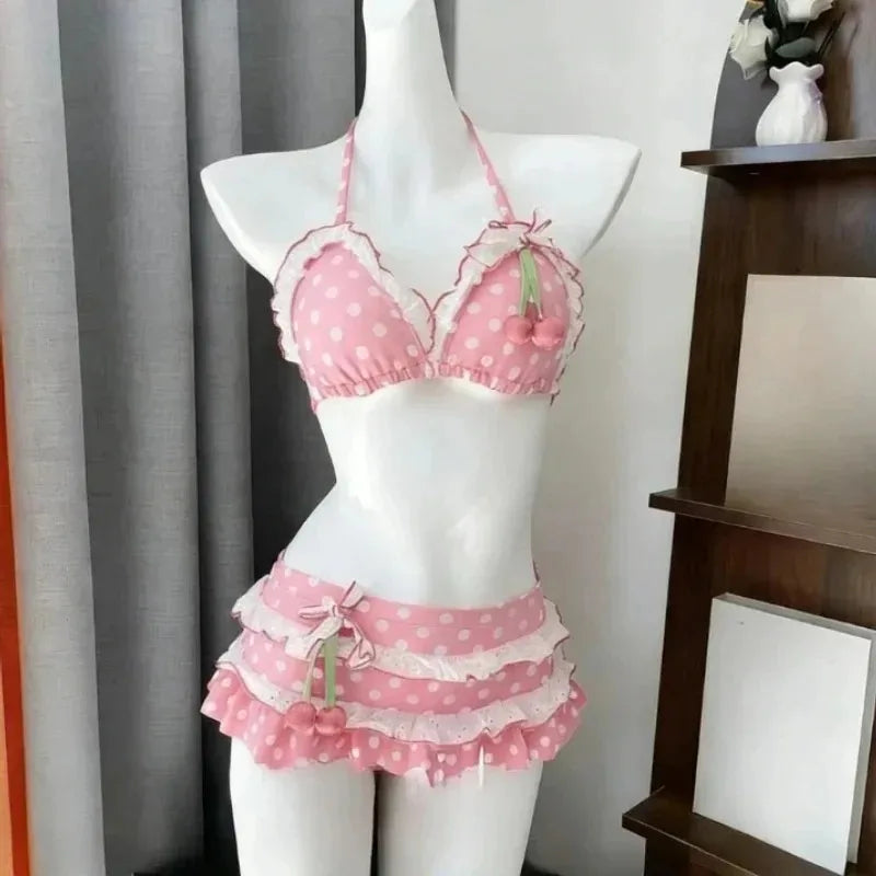 Summer Polka Dot Bikini Set Women Top Tiered Skirt Ruffle Bow Kawaii Y2K Cute Japanese Swimwear Swimsuit Beach Holiday