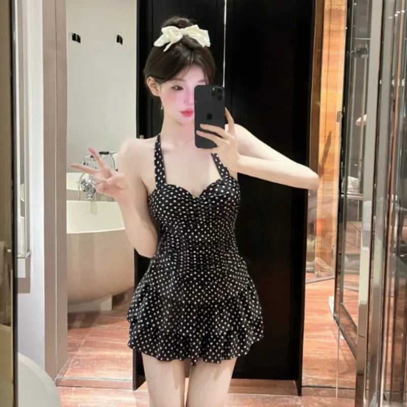 Sweet Beige Polka Dot Halter Neck One Piece Swimsuit with Ruched Bodice Tiered Ruffle Skirt Modest Swimwear for Beach