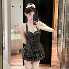 Sweet Beige Polka Dot Halter Neck One Piece Swimsuit with Ruched Bodice Tiered Ruffle Skirt Modest Swimwear for Beach