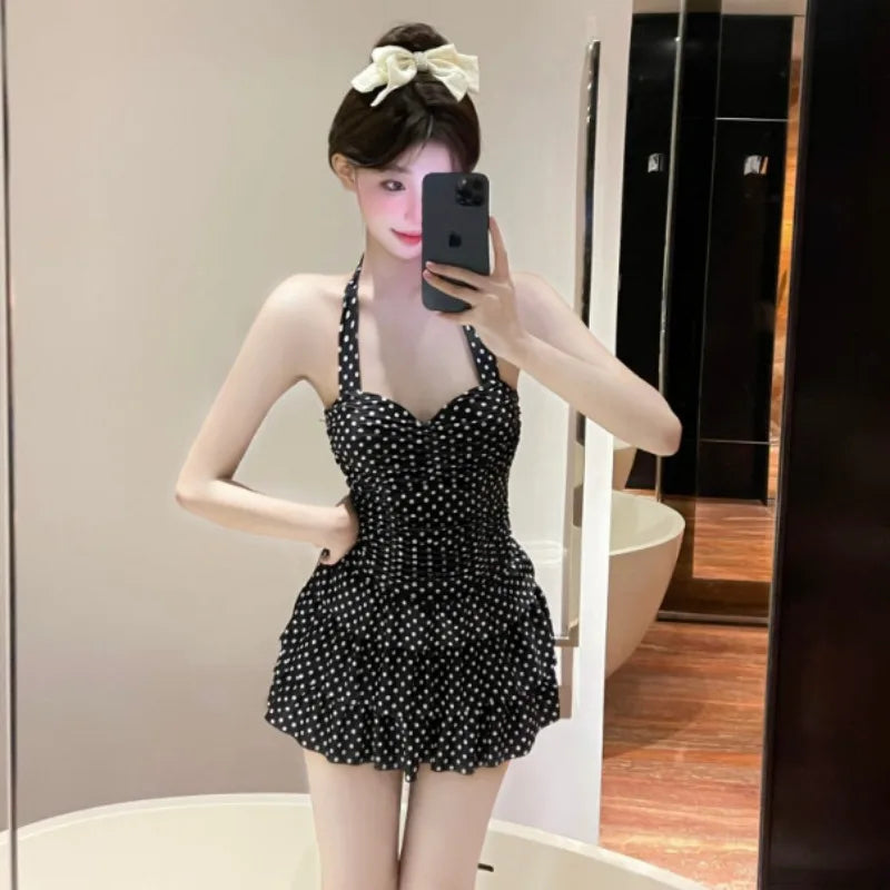 Sweet Beige Polka Dot Halter Neck One Piece Swimsuit with Ruched Bodice Tiered Ruffle Skirt Modest Swimwear for Beach