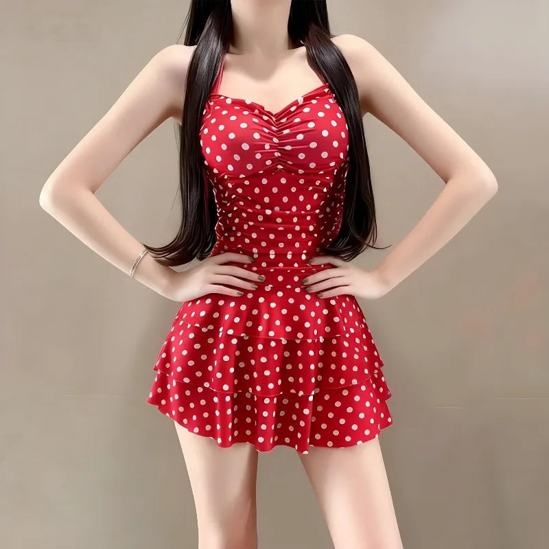 Sweet Beige Polka Dot Halter Neck One Piece Swimsuit with Ruched Bodice Tiered Ruffle Skirt Modest Swimwear for Beach