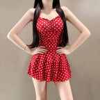 Sweet Beige Polka Dot Halter Neck One Piece Swimsuit with Ruched Bodice Tiered Ruffle Skirt Modest Swimwear for Beach