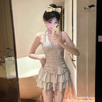 Sweet Beige Polka Dot Halter Neck One Piece Swimsuit with Ruched Bodice Tiered Ruffle Skirt Modest Swimwear for Beach